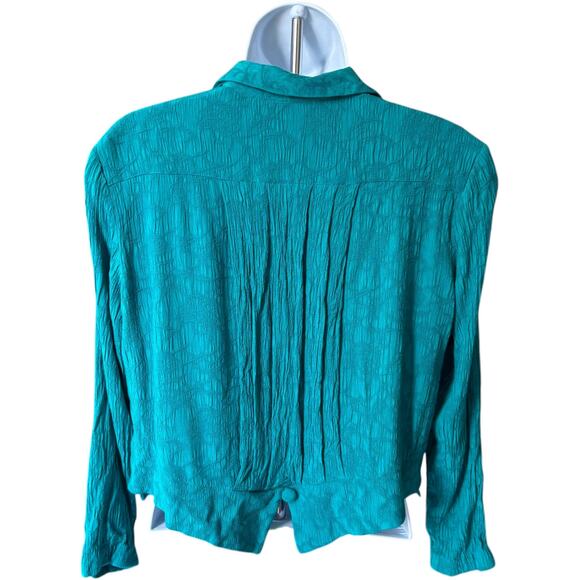 Karin Stevens Petites Textured Button Blouse Teal Blue Rayon Long Sleeve 90s - Picture 2 of 5
